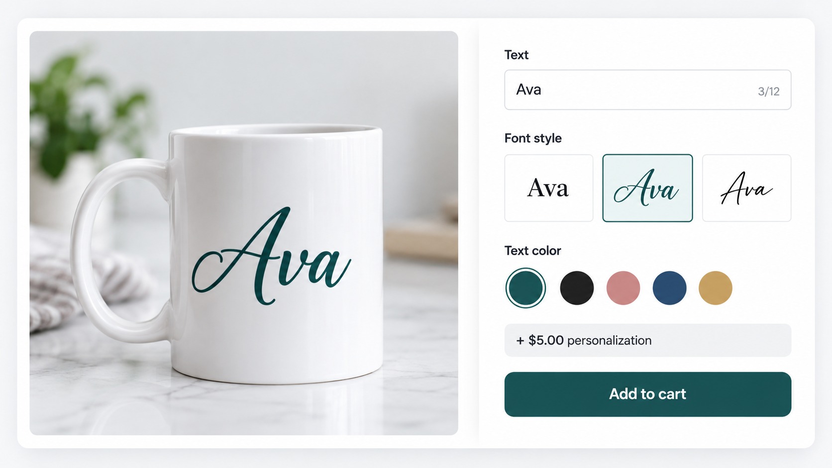 Product page mockup with personalization fields for name, font and text color next to a mug image showing the name Ava printed in a script font