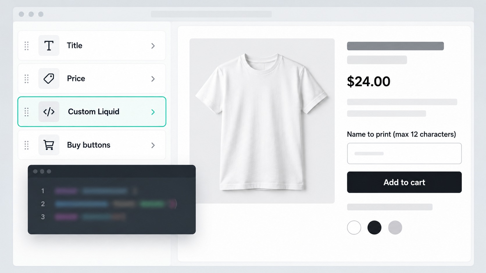 Theme editor style mockup with a sidebar showing a Custom Liquid block placed above the Buy buttons block, and a product page preview with a Name to print text field