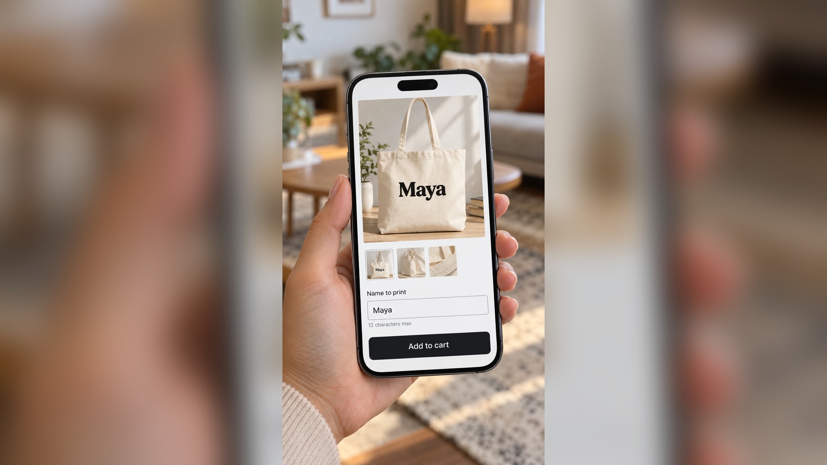 Hand holding a smartphone showing a product page with a single Name field, a 12 characters max hint and a preview of a personalized tote bag above the Add to cart button