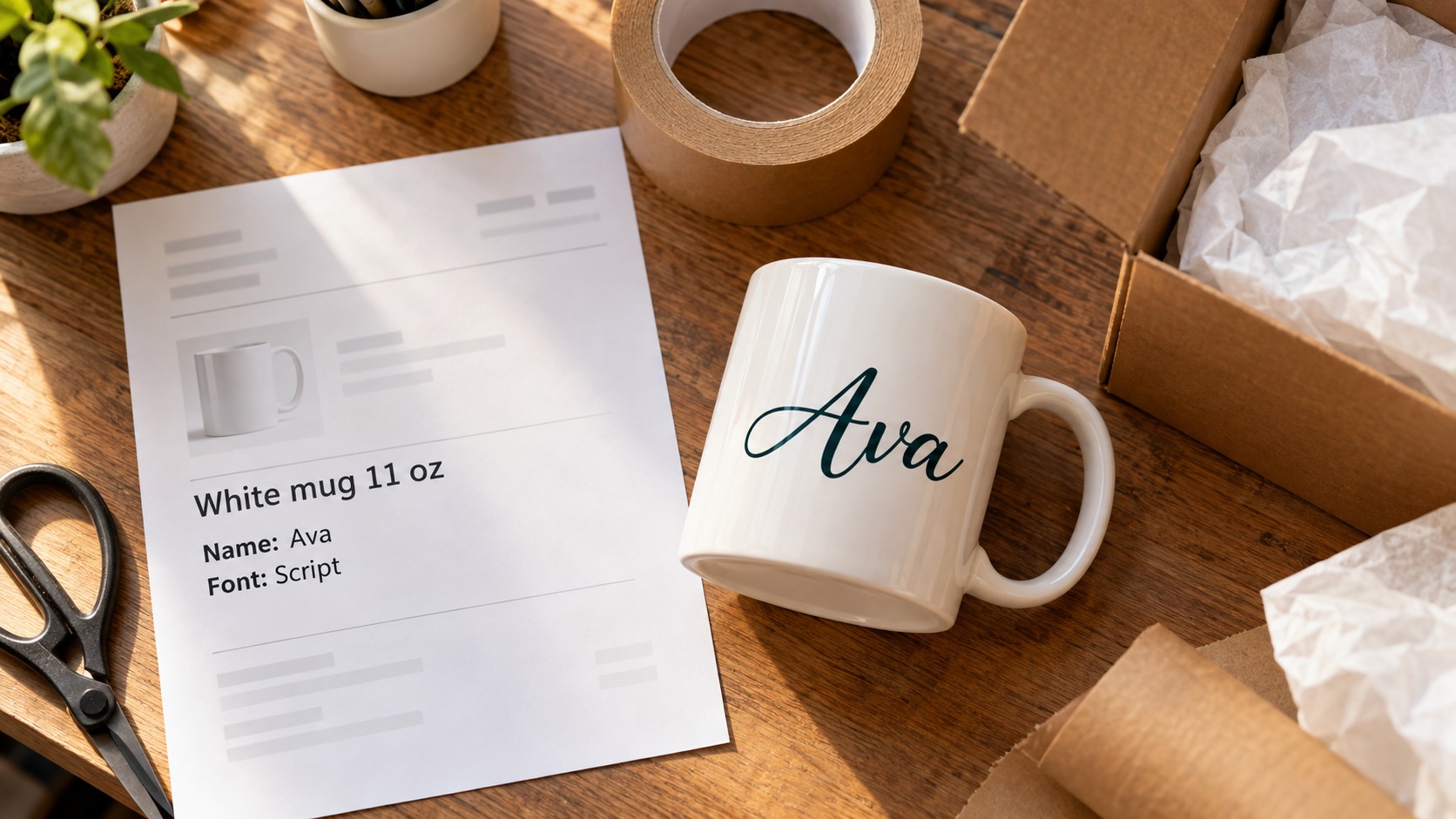 Printed packing slip on a workbench next to a personalized mug, with the line item showing Name: Ava and Font: Script under the product