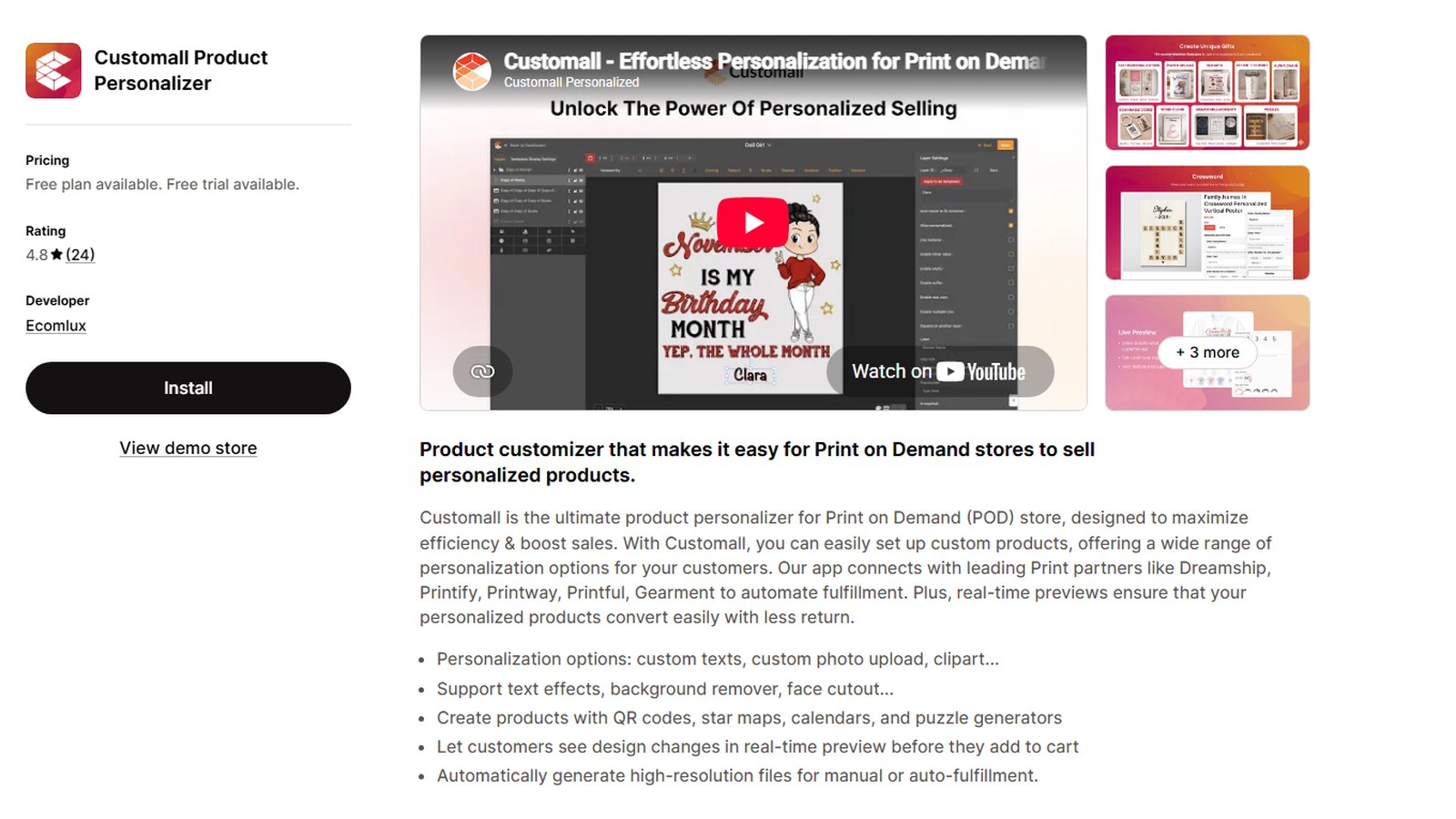Customall Product Personalizer listing on the Shopify App Store, rated 4.8