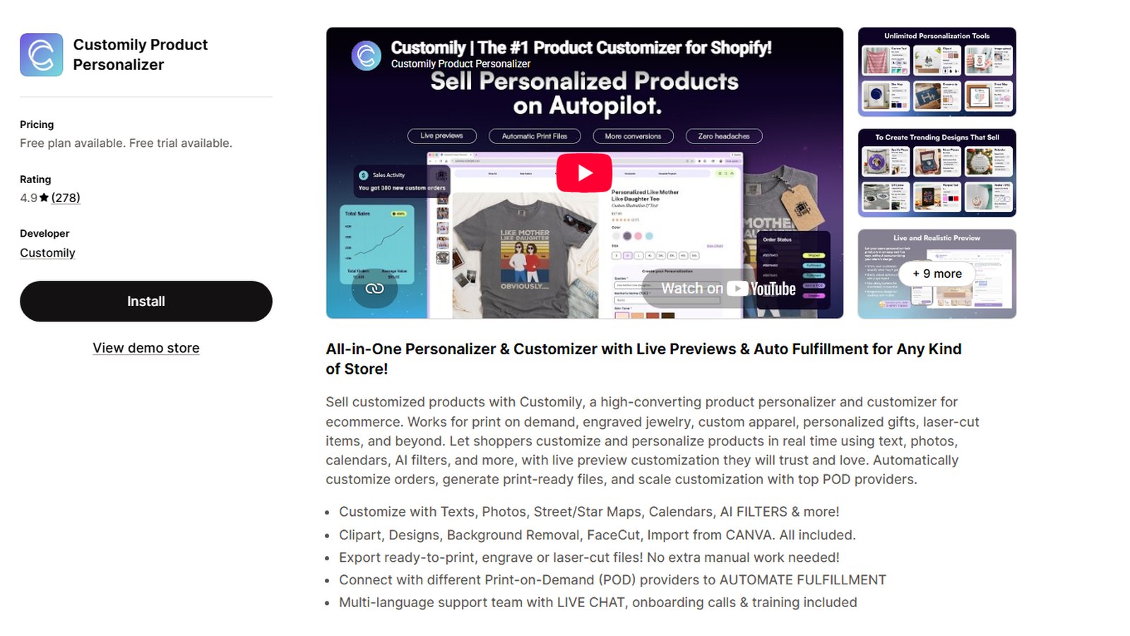 Customily Product Personalizer listing on the Shopify App Store, rated 4.9