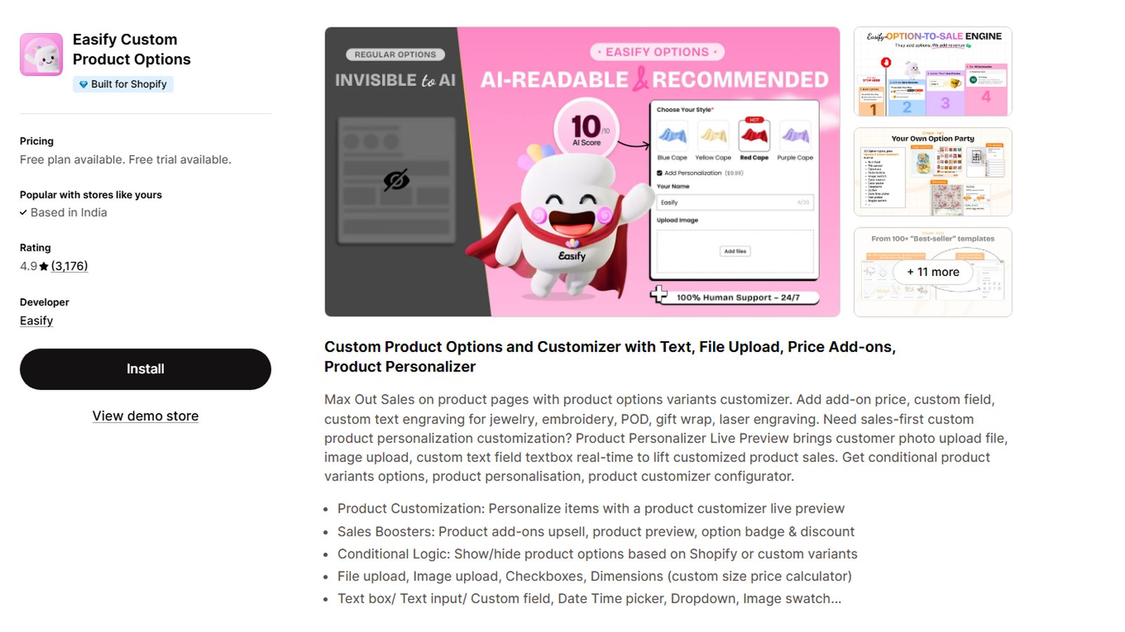 Easify Custom Product Options listing on the Shopify App Store, rated 4.9