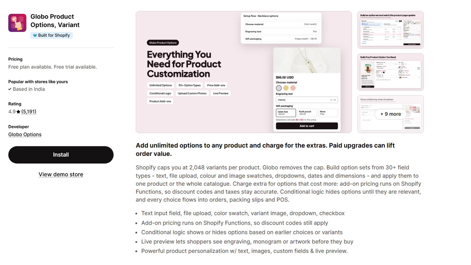 Globo Product Options listing on the Shopify App Store, rated 4.9