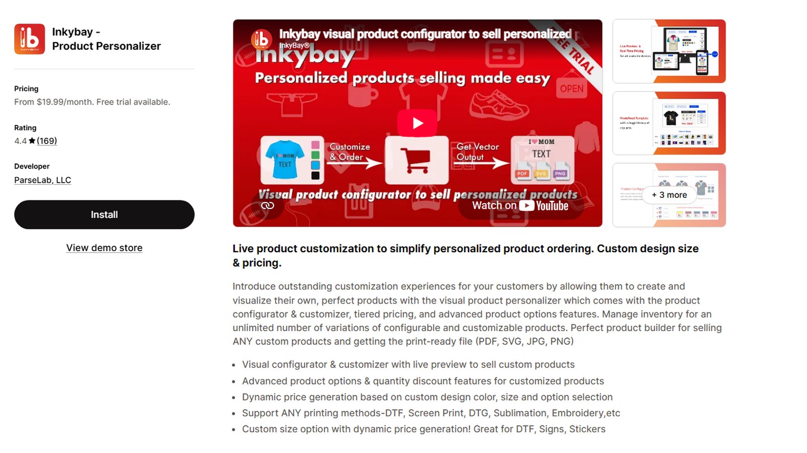 Inkybay Product Personalizer listing on the Shopify App Store, rated 4.4