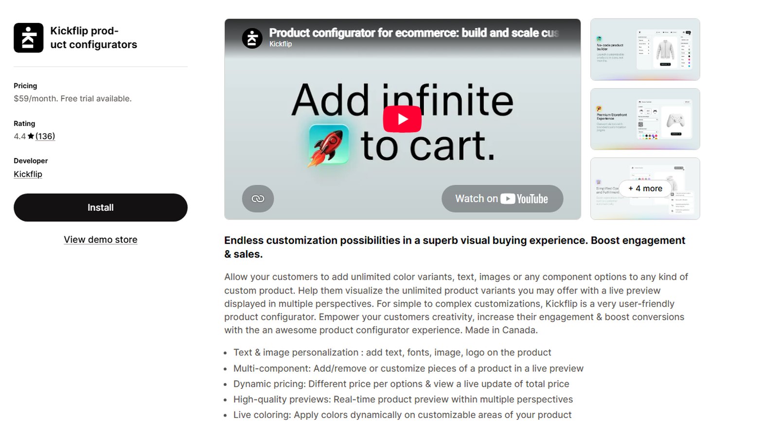 Kickflip product configurators listing on the Shopify App Store, rated 4.4