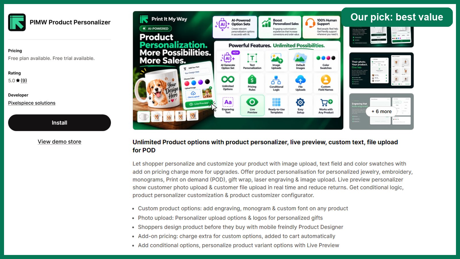 PIMW Product Personalizer listing on the Shopify App Store, rated 5.0 from 9 reviews with a free plan, highlighted as our pick