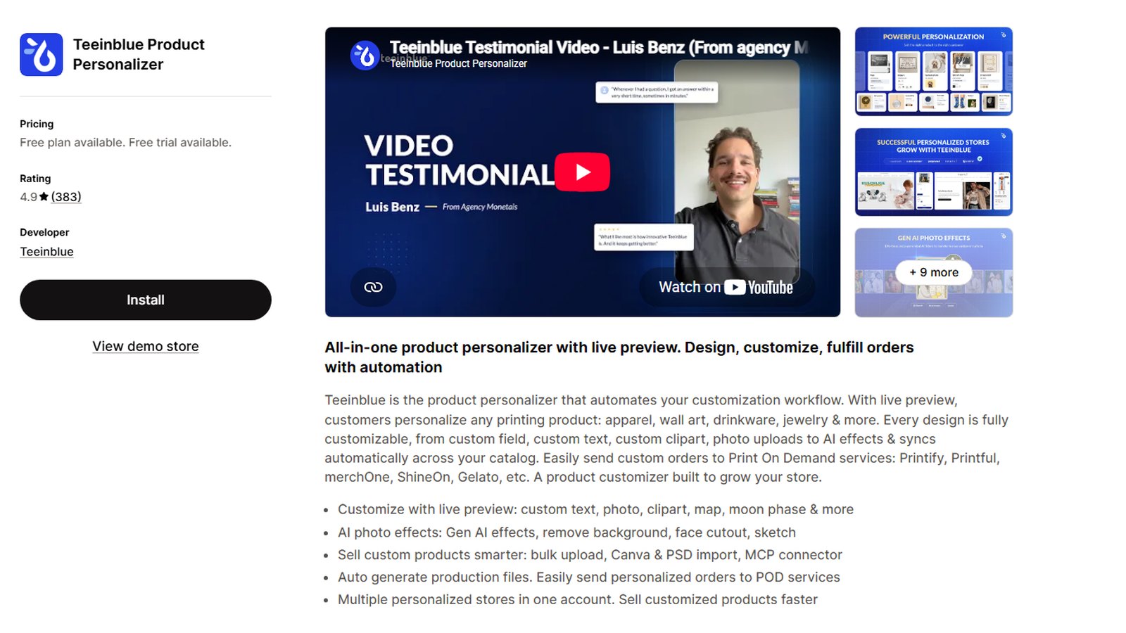 Teeinblue Product Personalizer listing on the Shopify App Store, rated 4.9