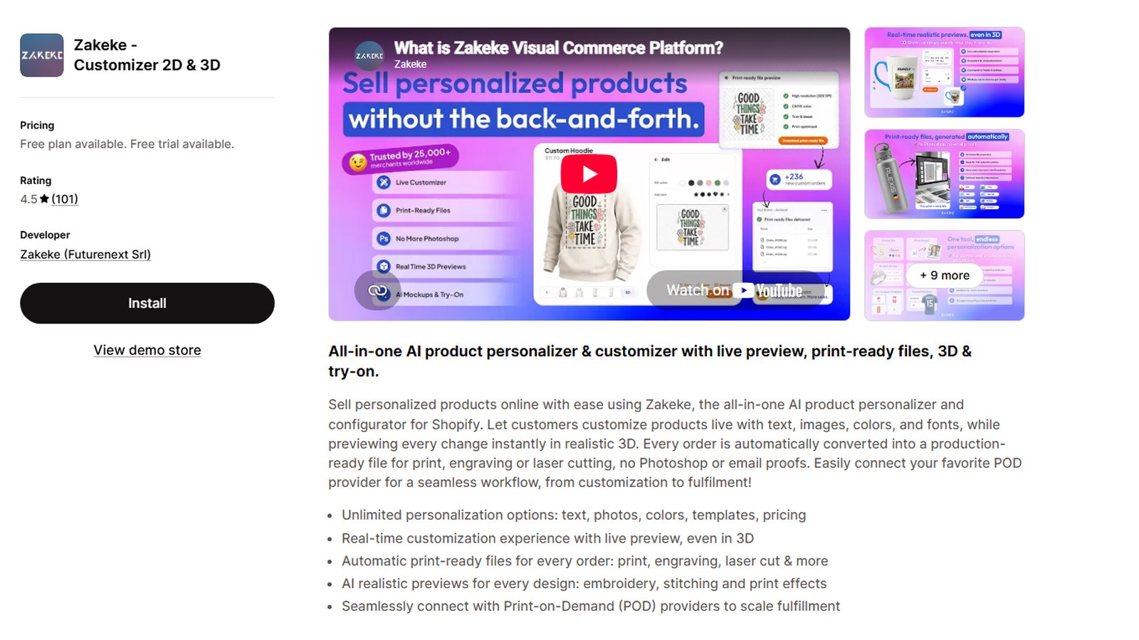 Zakeke Customizer 2D and 3D listing on the Shopify App Store, rated 4.5