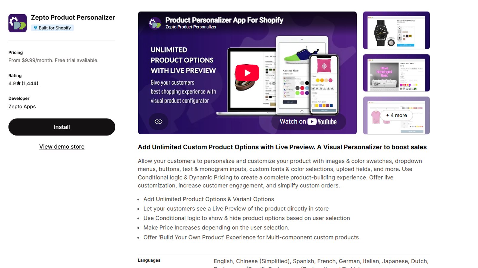 Zepto Product Personalizer listing on the Shopify App Store, rated 4.9