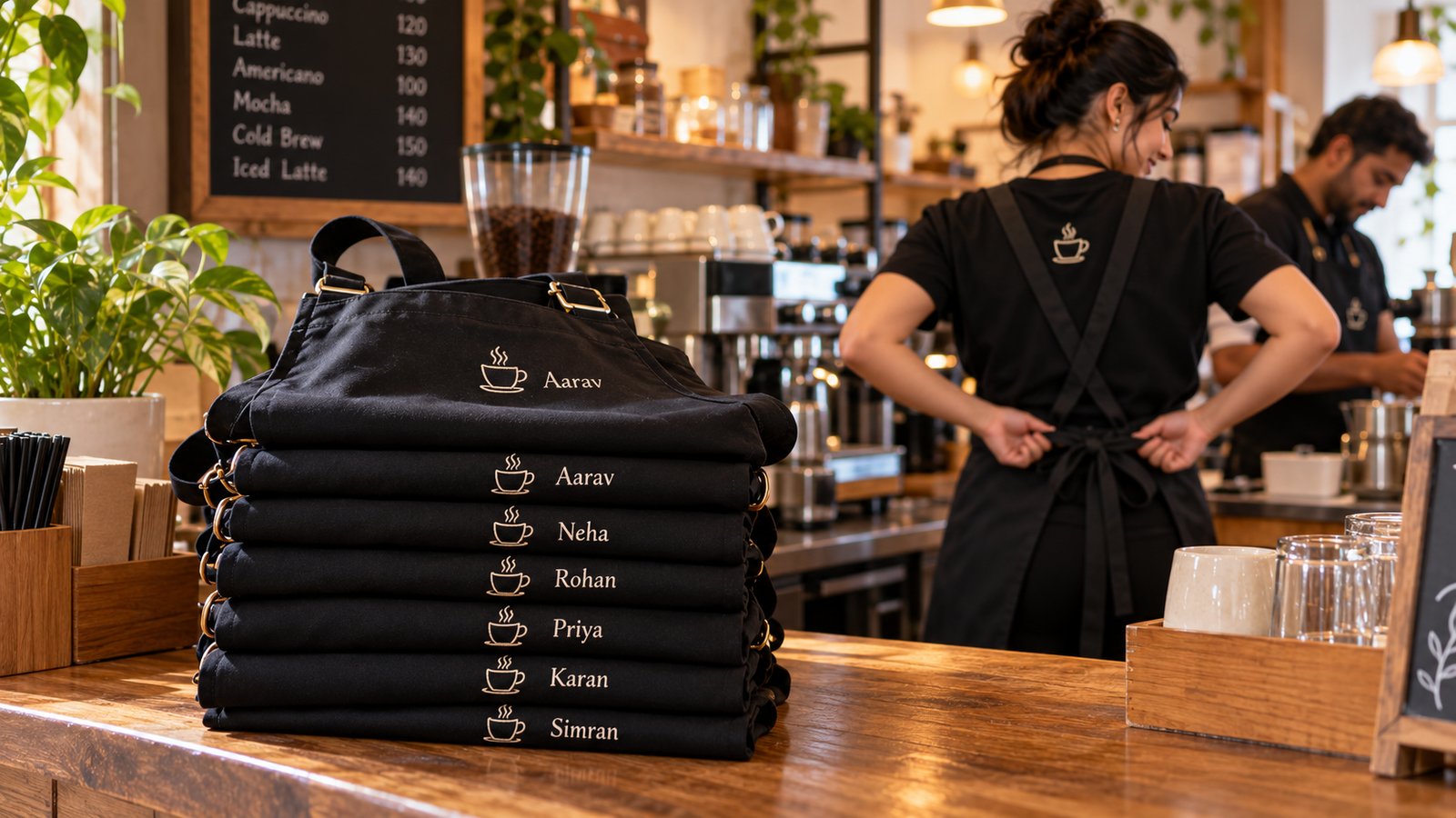 A cafe counter with a stack of matching black aprons embroidered with the cafe logo and different staff names, and a barista tying one on