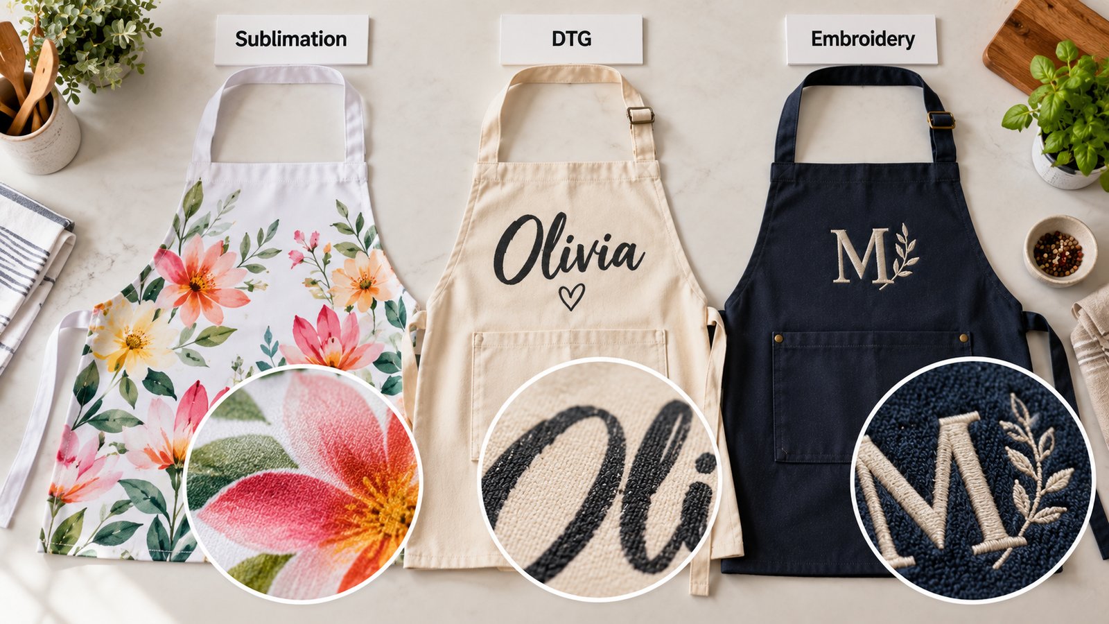 Three aprons laid flat side by side: a white polyester apron with a full-color sublimated floral print, a cotton apron with a DTG printed name, and a navy twill apron with an embroidered monogram, each with a small fabric label