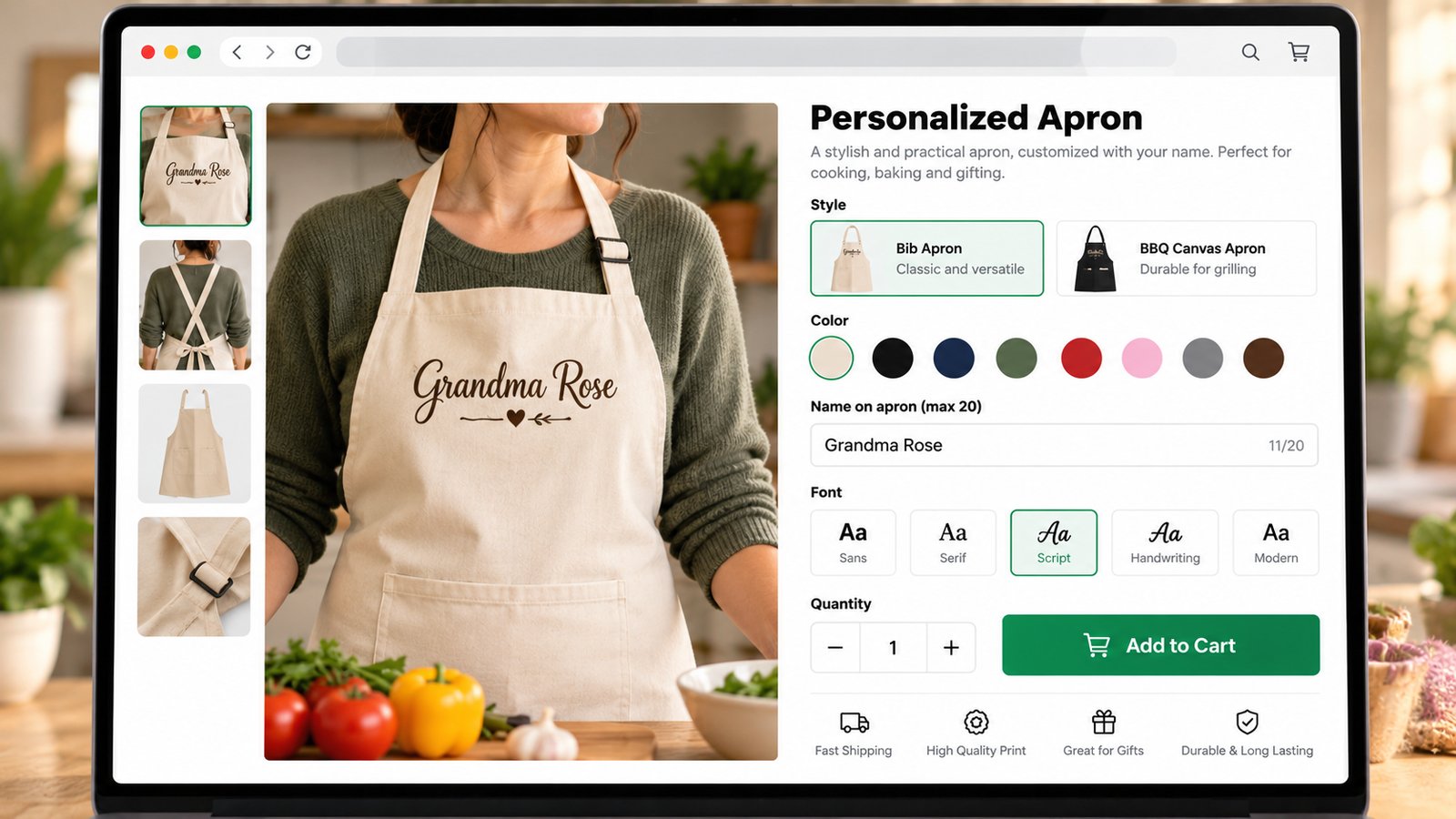 A Shopify product page for a personalized apron with style and color swatches, a name field with a character counter, a font picker and a live preview of the name on the apron chest
