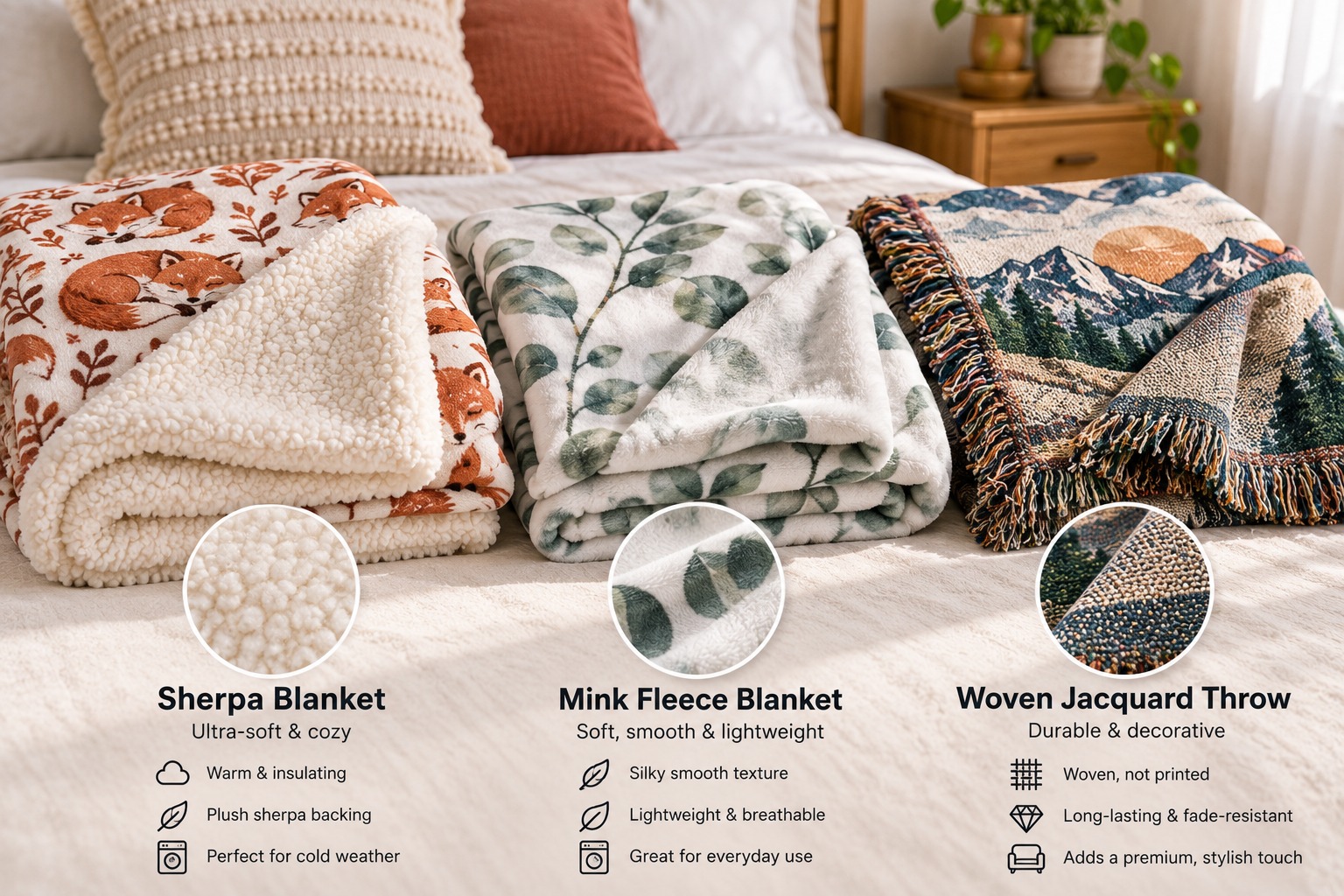 Three blanket types on a bed: sherpa blanket with fox print, mink fleece blanket with leaves and woven jacquard throw with mountains, with texture close-ups
