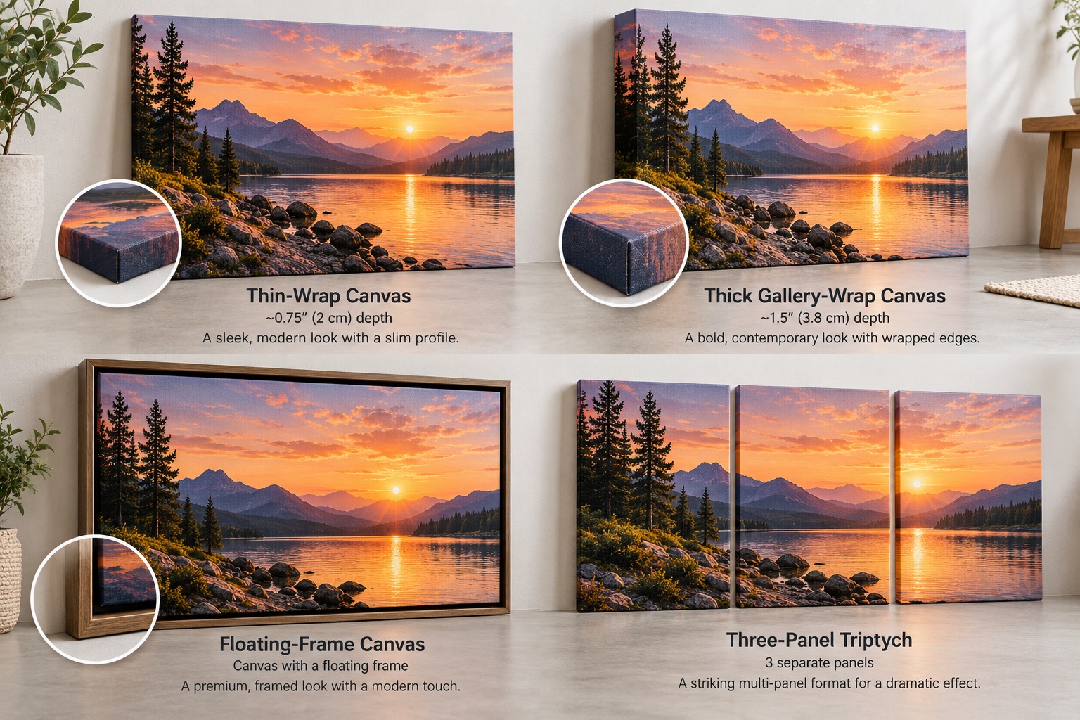 Four canvas formats with the same sunset lake: thin-wrap, thick gallery-wrap, floating-frame canvas and a three-panel triptych, with edge close-ups