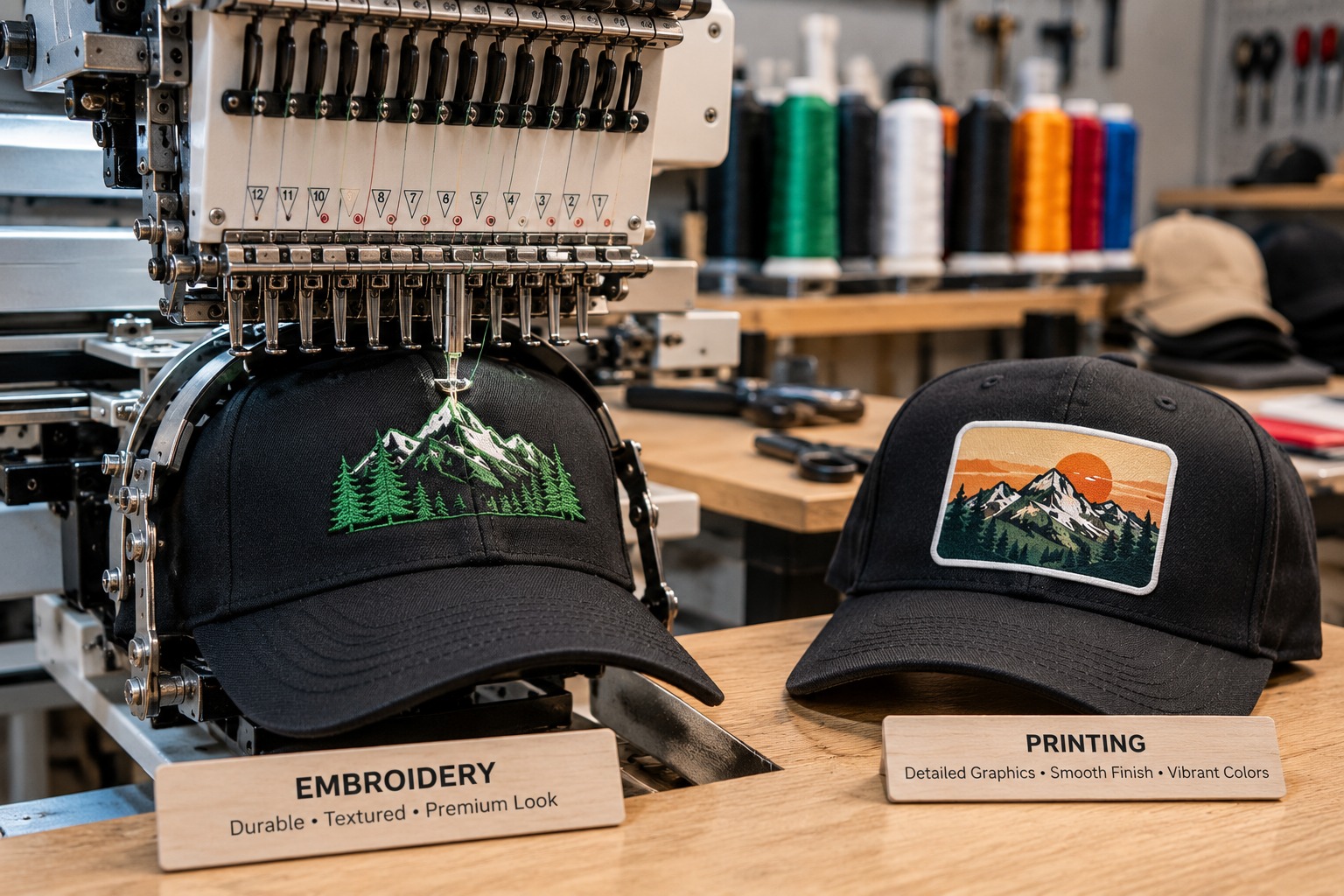 Embroidery machine stitching a green mountain design onto a black cap next to a cap with a printed sunset patch, labelled embroidery and printing