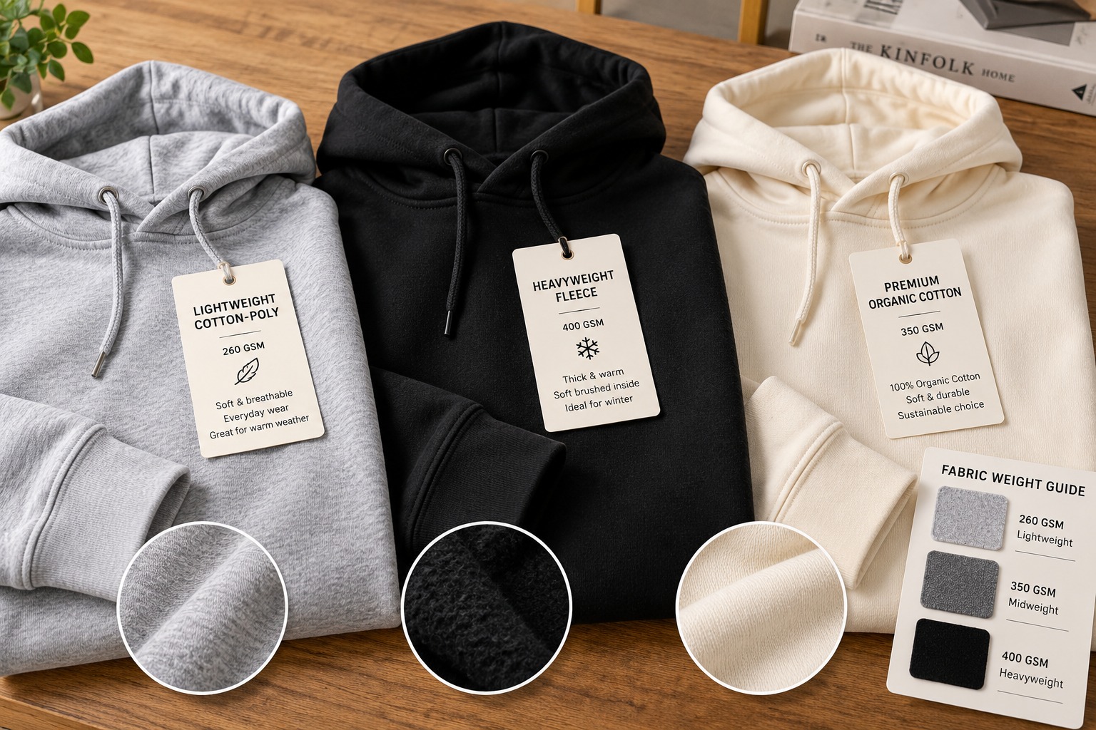 Three blank hoodies compared: lightweight cotton-poly 260 GSM, heavyweight fleece 400 GSM and premium organic cotton 350 GSM, with fabric close-ups