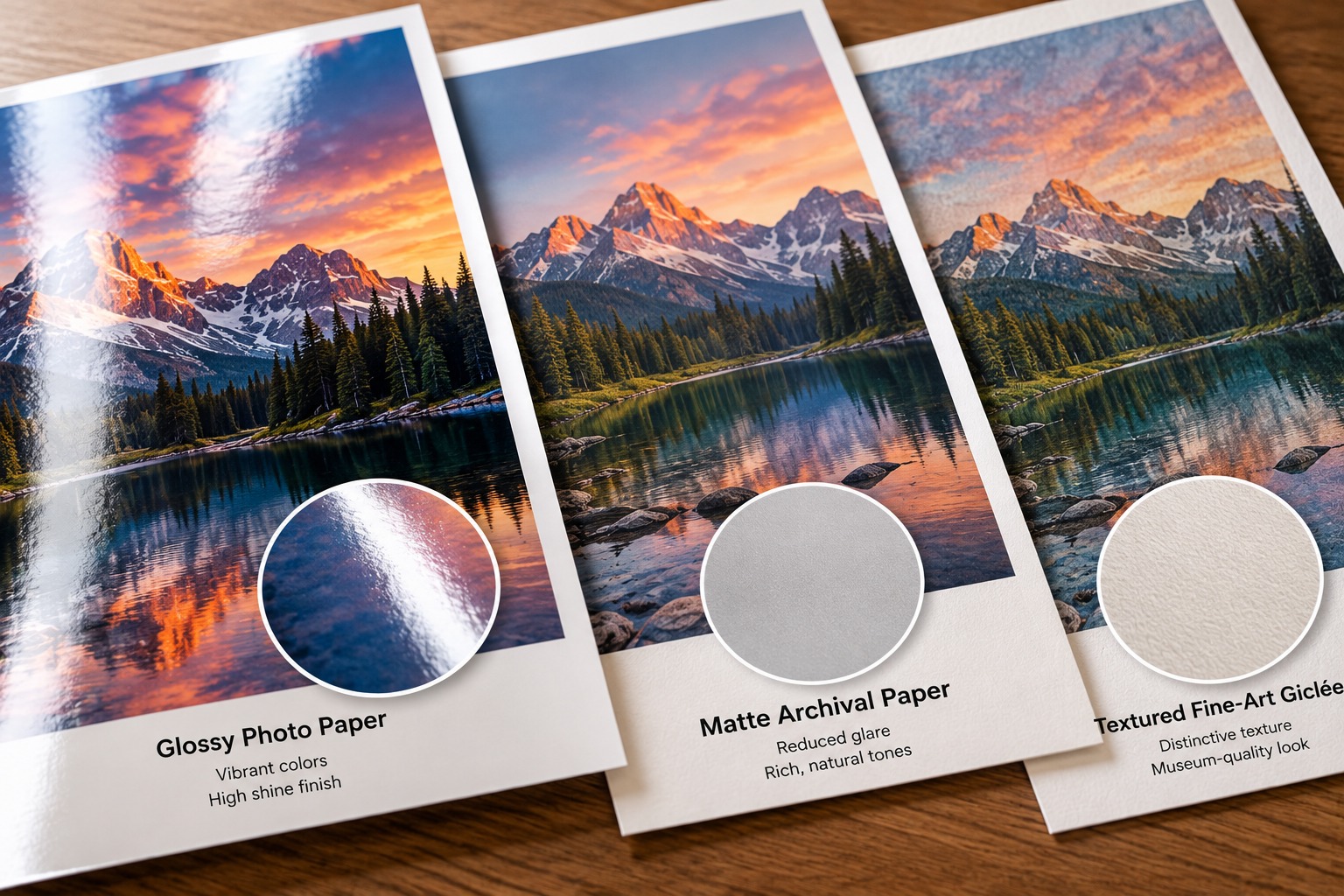 The same mountain lake print on glossy photo paper, matte archival paper and textured fine-art giclée paper, with close-ups of each surface