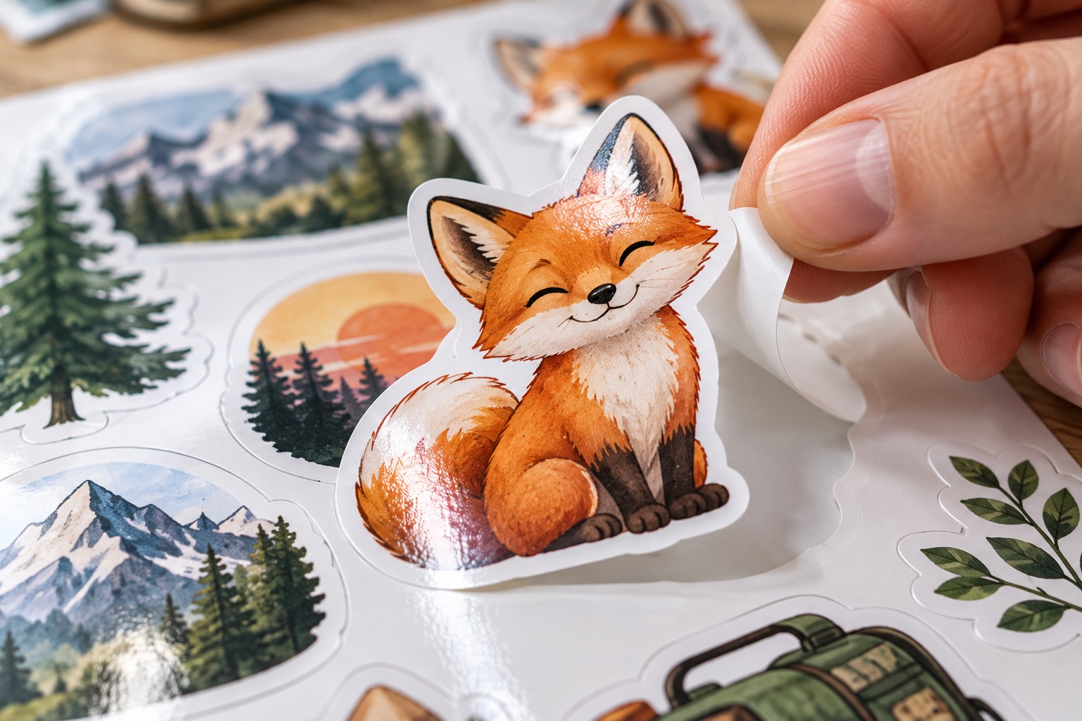 Hand peeling a glossy die-cut fox sticker from its backing sheet, showing the clean white border around the cut line
