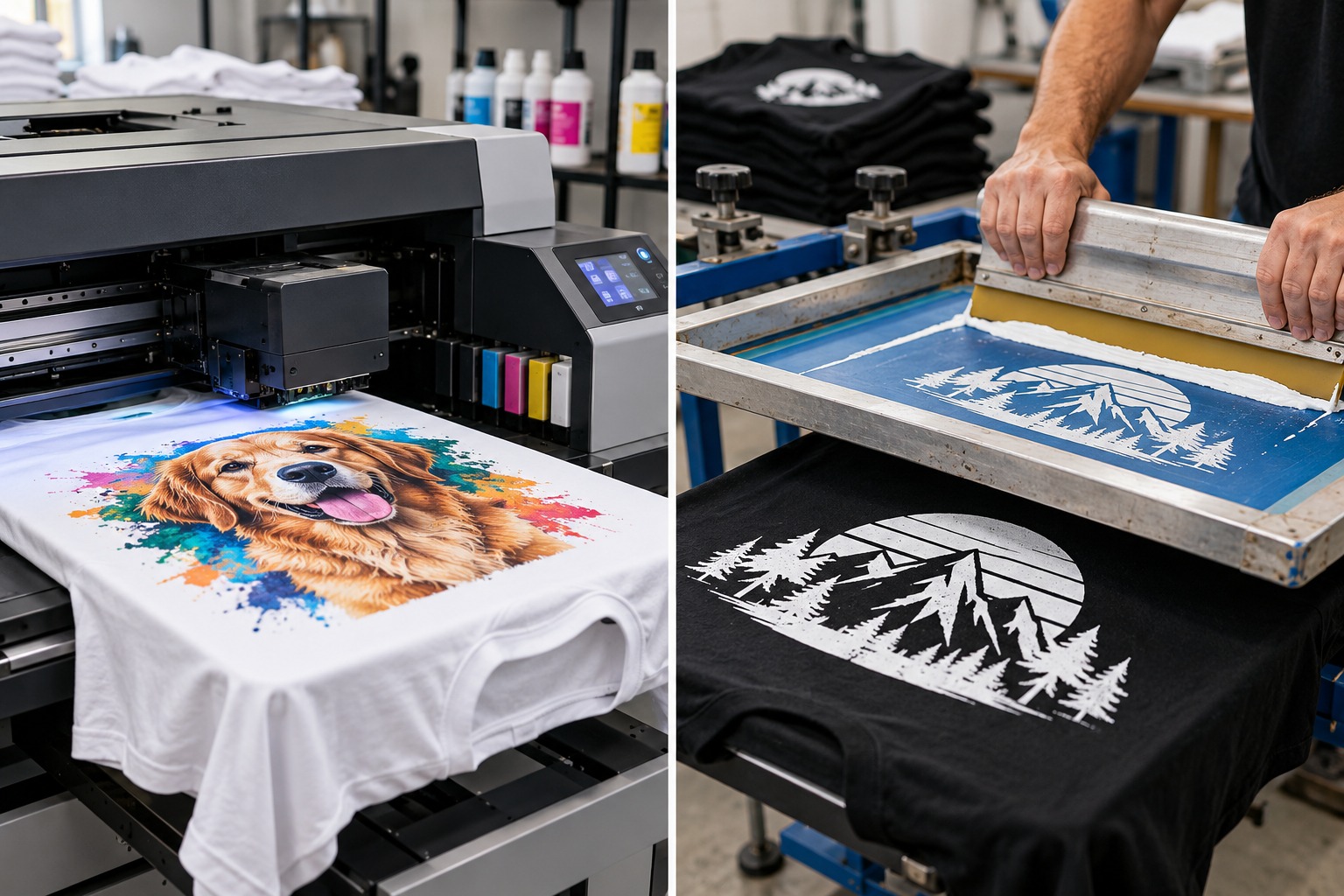 Direct-to-garment printer printing a full-color dog design on a white tee next to a screen printer pulling white ink through a mesh onto a black tee