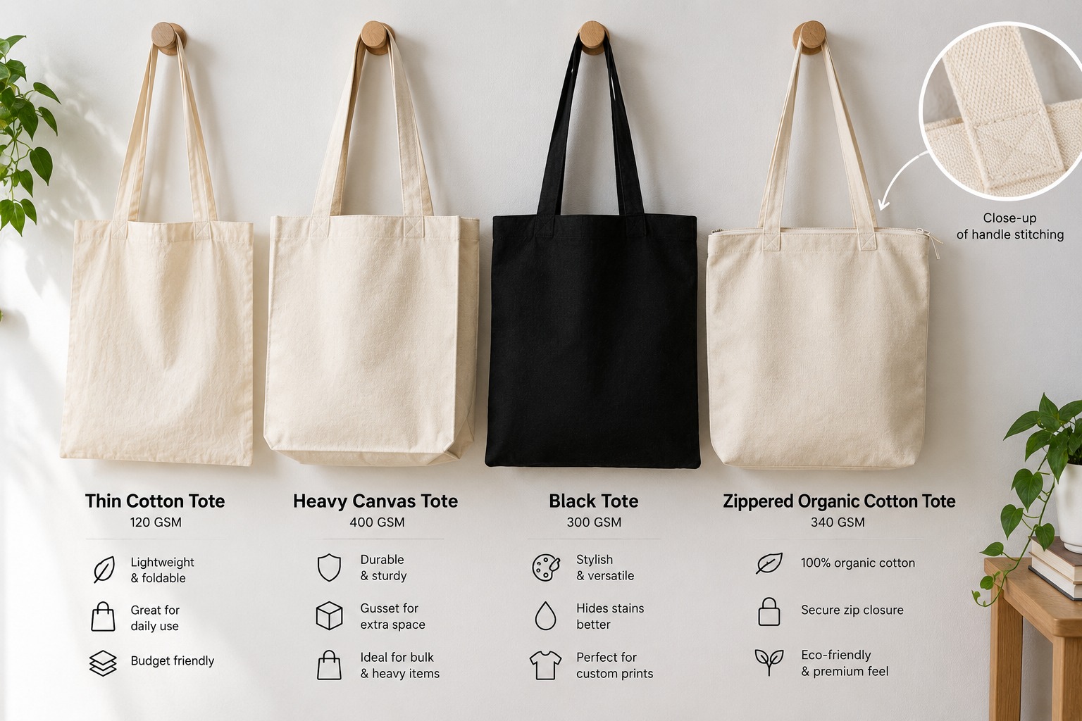 Four blank totes compared: thin cotton 120 GSM, heavy canvas 400 GSM, black 300 GSM and zippered organic cotton 340 GSM, with a handle-stitching close-up