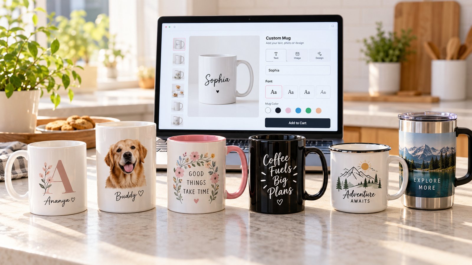 A row of print-on-demand mugs in white, black, accent color, enamel and travel styles with personalized names and photos, next to a laptop showing a mug product page
