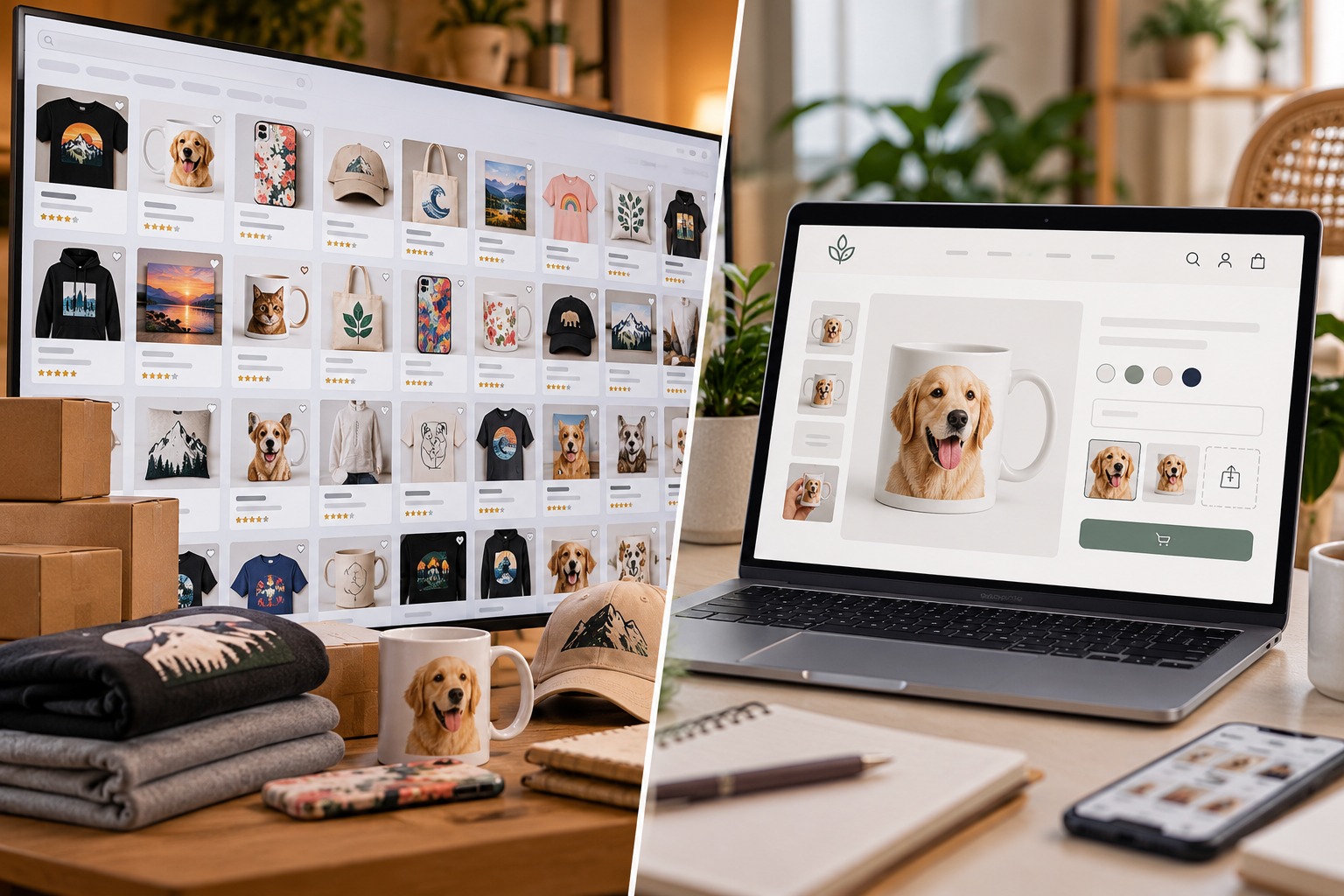 Split scene: a marketplace grid of many print-on-demand products on a monitor versus a single branded storefront selling a personalized dog mug on a laptop