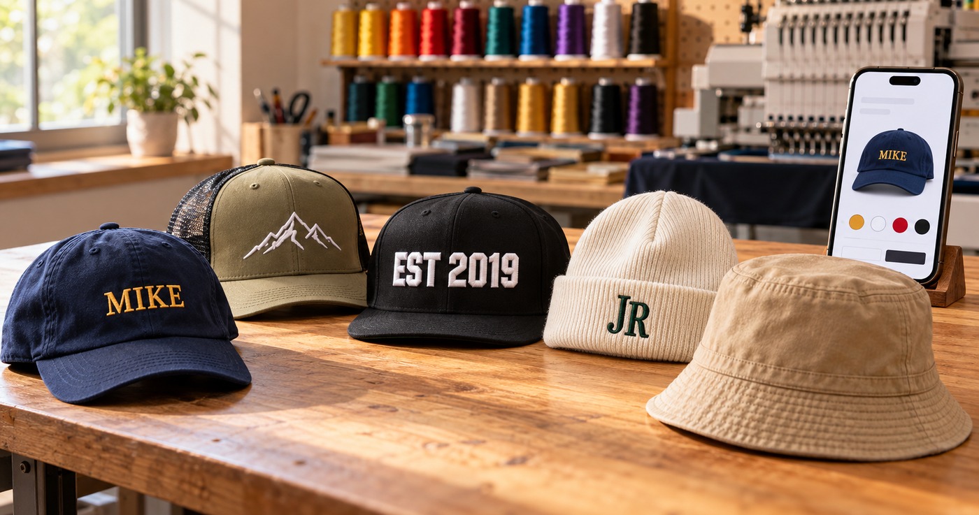 Five custom hats on a wooden workbench: a navy dad cap embroidered MIKE in gold thread, a two-tone trucker with a stitched mountain logo, a black snapback with raised white puff letters, a cream beanie with initials and a tan bucket hat, beside a phone showing a live cap preview