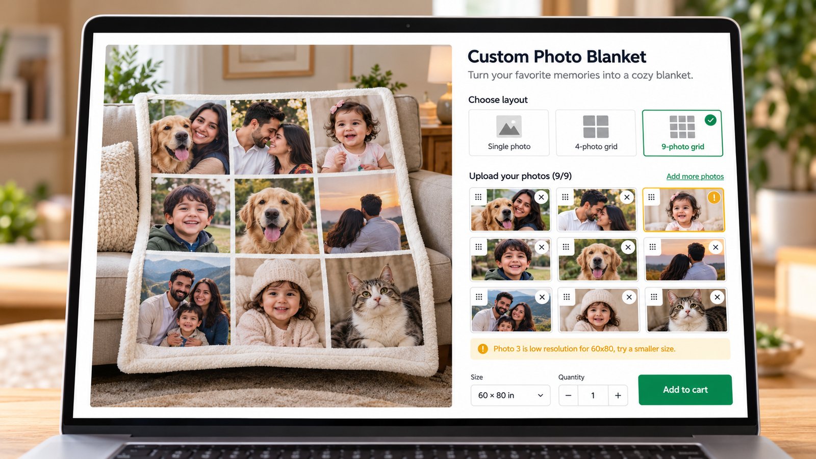 A product page showing a 9-photo collage layout on a blanket next to a single stretched photo with a low-resolution warning