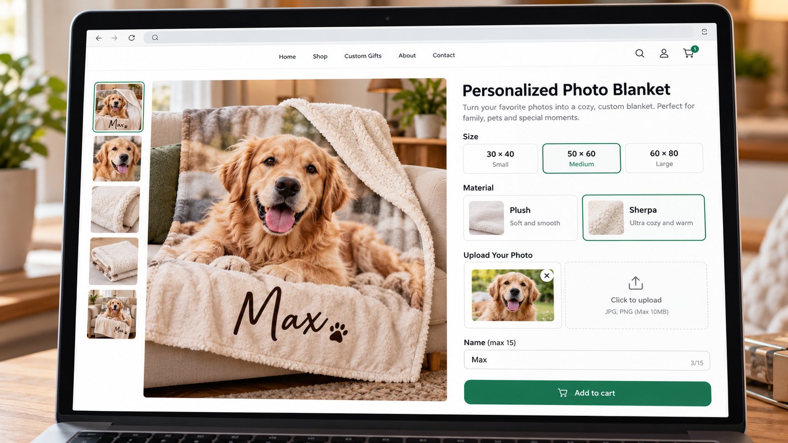 A Shopify product page for a custom photo blanket with size and material options, photo upload fields, a name field and a live preview of the blanket