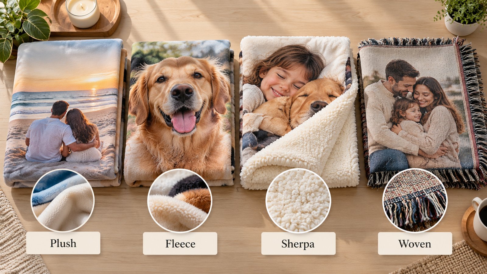 Four folded custom blankets side by side showing velveteen plush, fleece, sherpa and woven cotton textures with printed photos