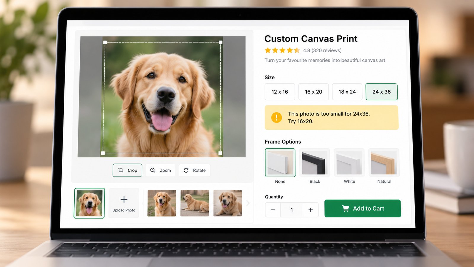 Product page close-up where a customer has uploaded a photo for a 24x36 canvas and a yellow notice suggests a smaller size because the photo is too small