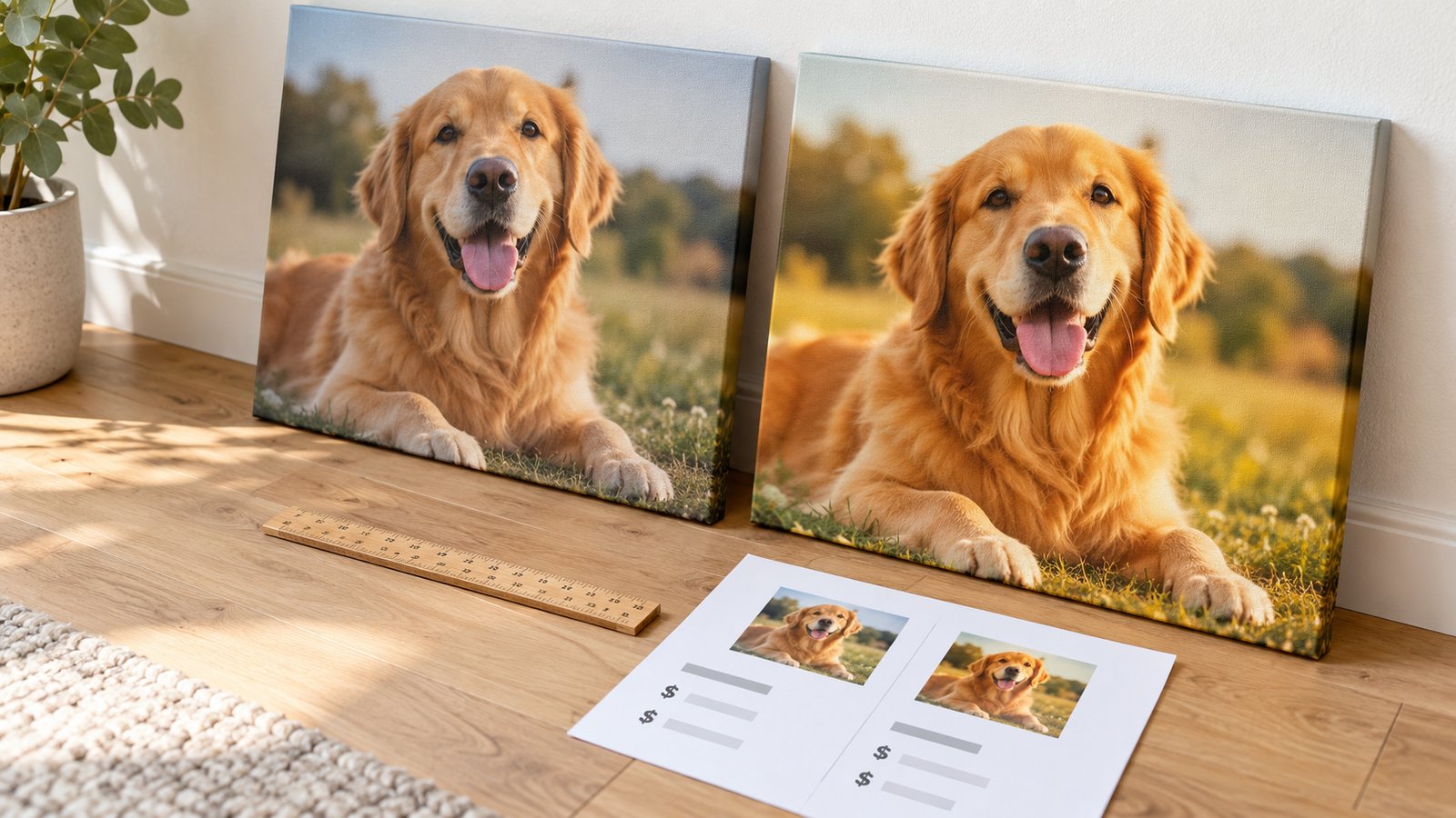 Two stretched canvas samples of the same family photo leaning side by side against a wall, with a ruler and a printed price sheet on the floor in front of them