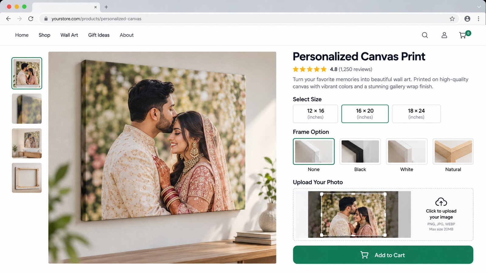 A Shopify product page for a custom canvas with size and frame selectors, a photo upload box with a crop frame, and a live preview of the photo on a canvas
