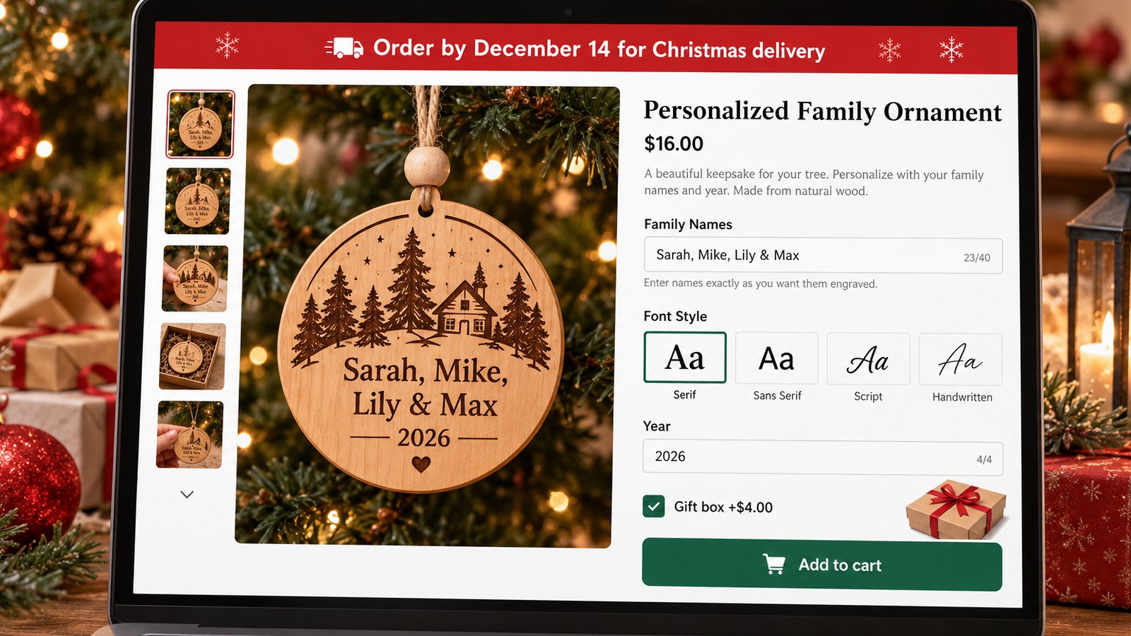 A product page with a red banner reading order by December 14 for Christmas delivery, above a personalized ornament with a name preview