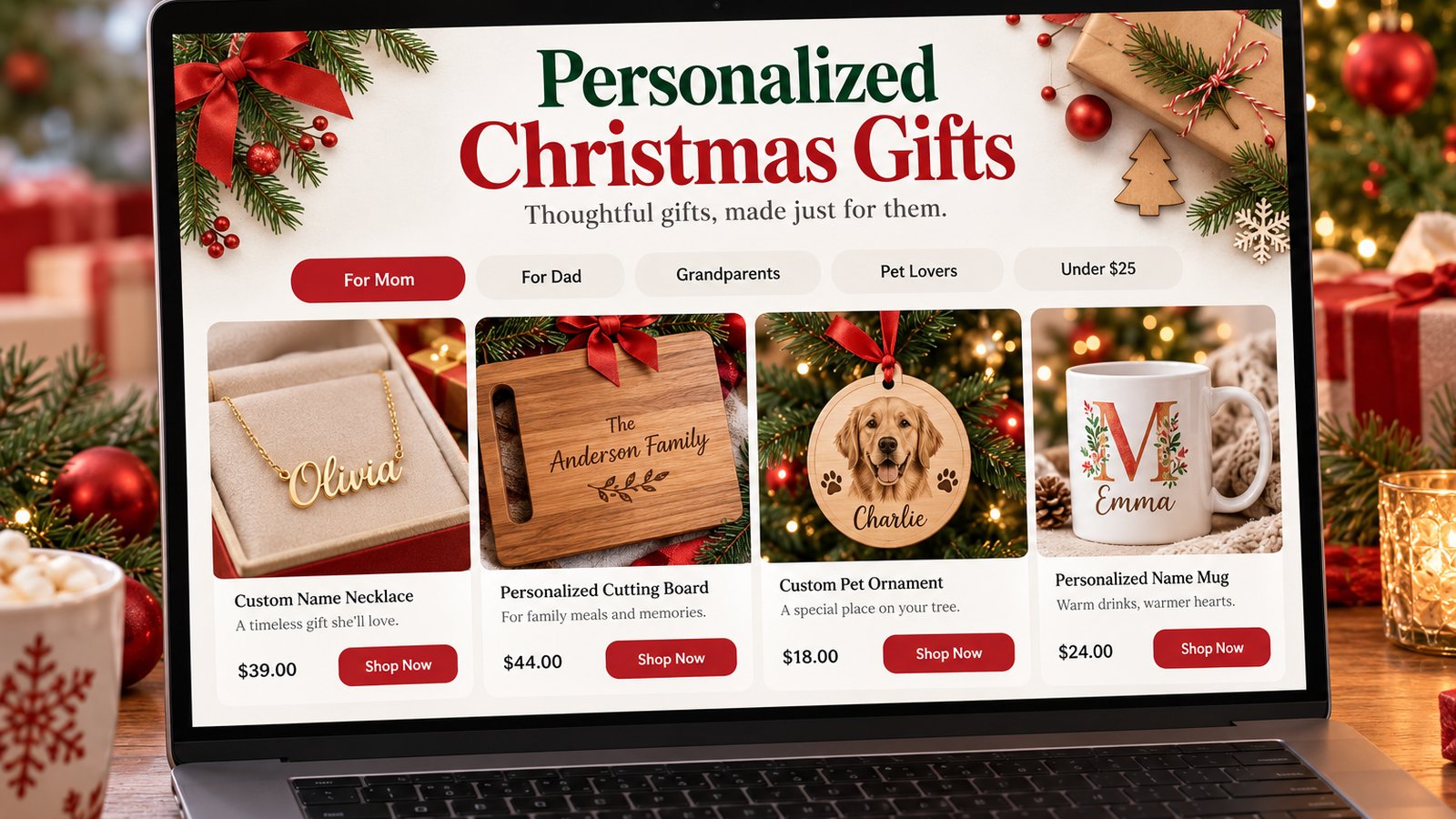 A Christmas gift guide page for personalized gifts organized by recipient, with tabs for mom, dad, grandparents and pet lovers and products shown with names