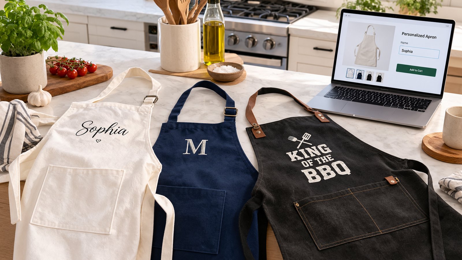 A bright kitchen counter with three personalized aprons, a white printed apron with a name, a navy embroidered apron with a monogram and a black canvas BBQ apron, next to a laptop showing an apron product page with a name field