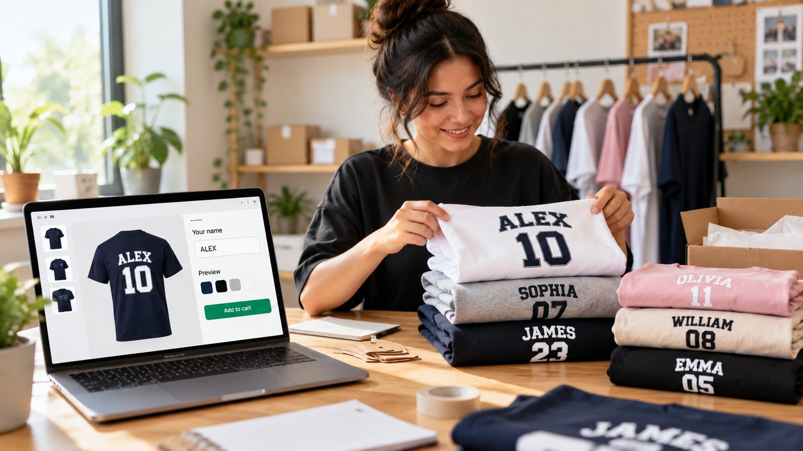 A small business owner folding personalized t-shirts printed with names and numbers, next to a laptop showing a t-shirt product page with a name field and live preview