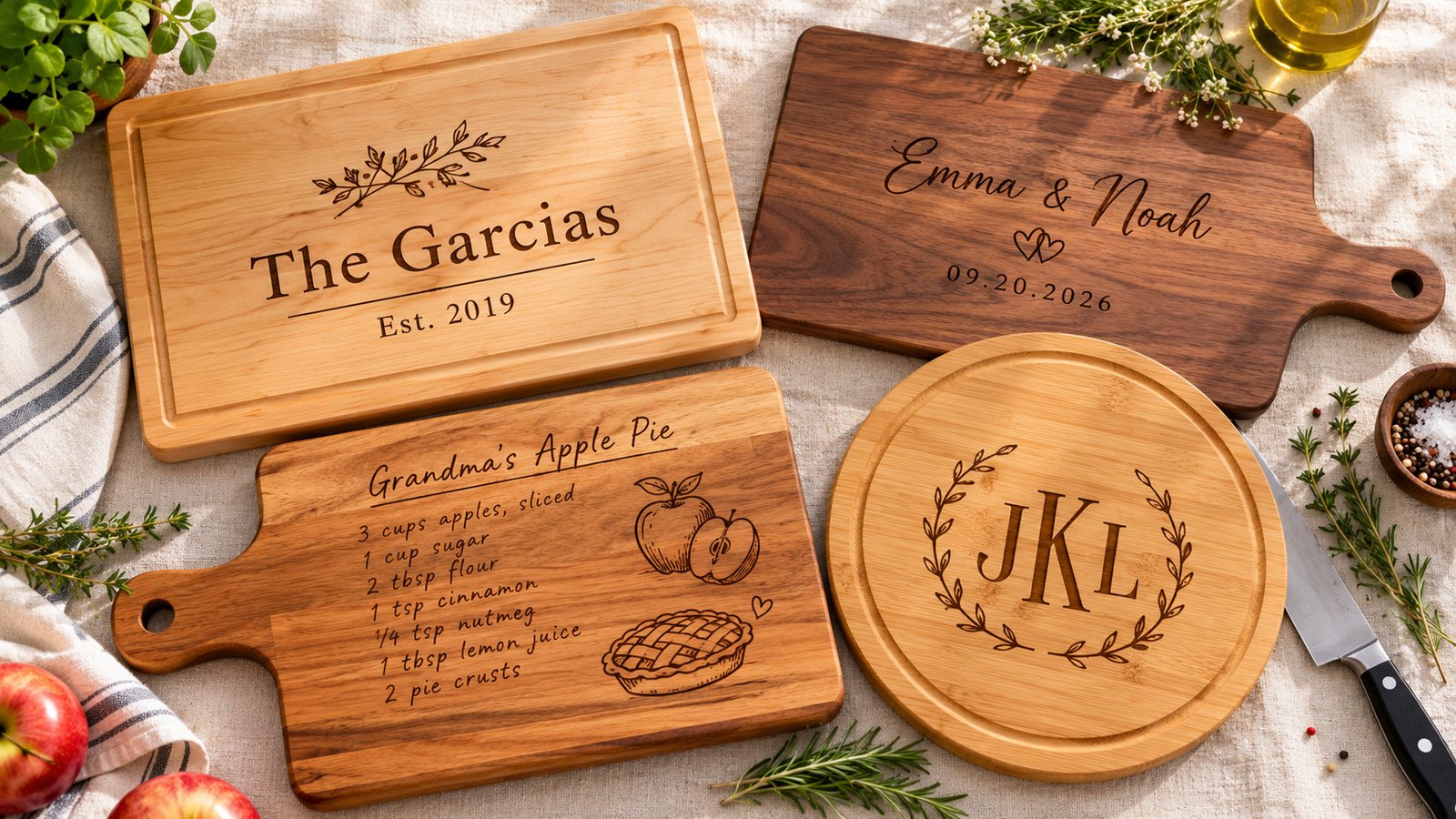 Personalized cutting boards: a family name board with Est. 2026, a wedding board with names and a date, a recipe board and a monogram board