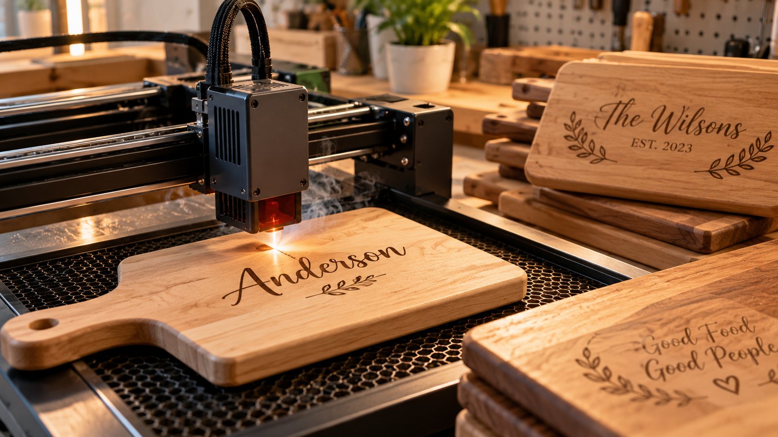 A laser engraver engraving a family name onto a maple cutting board in a small workshop