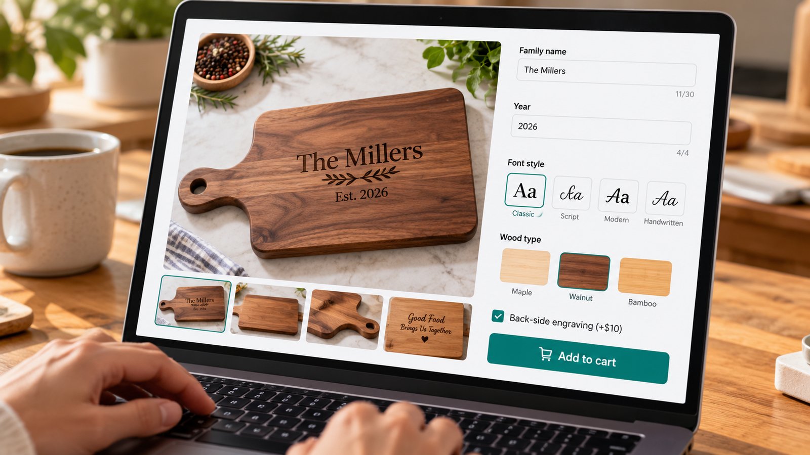 Illustration of a cutting board product page with name and date fields, font choices, wood swatches and a live engraving preview