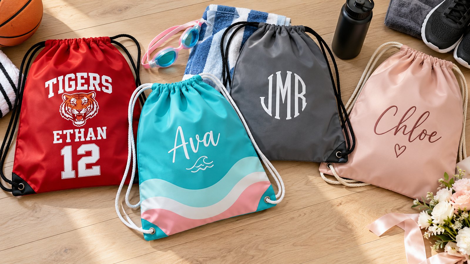 Personalized drawstring bags: a soccer team bag with a name and number, a kids' swim bag with a first name, a monogrammed gym bag and a bridesmaid bag