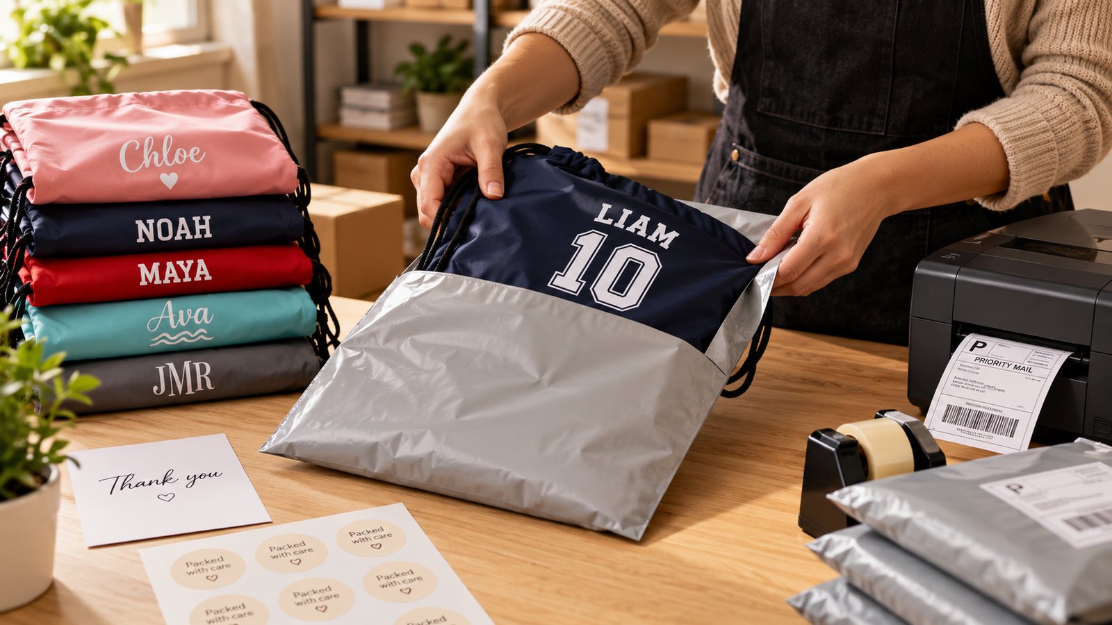 Personalized drawstring bags folded and packed snugly into poly mailers on a packing table