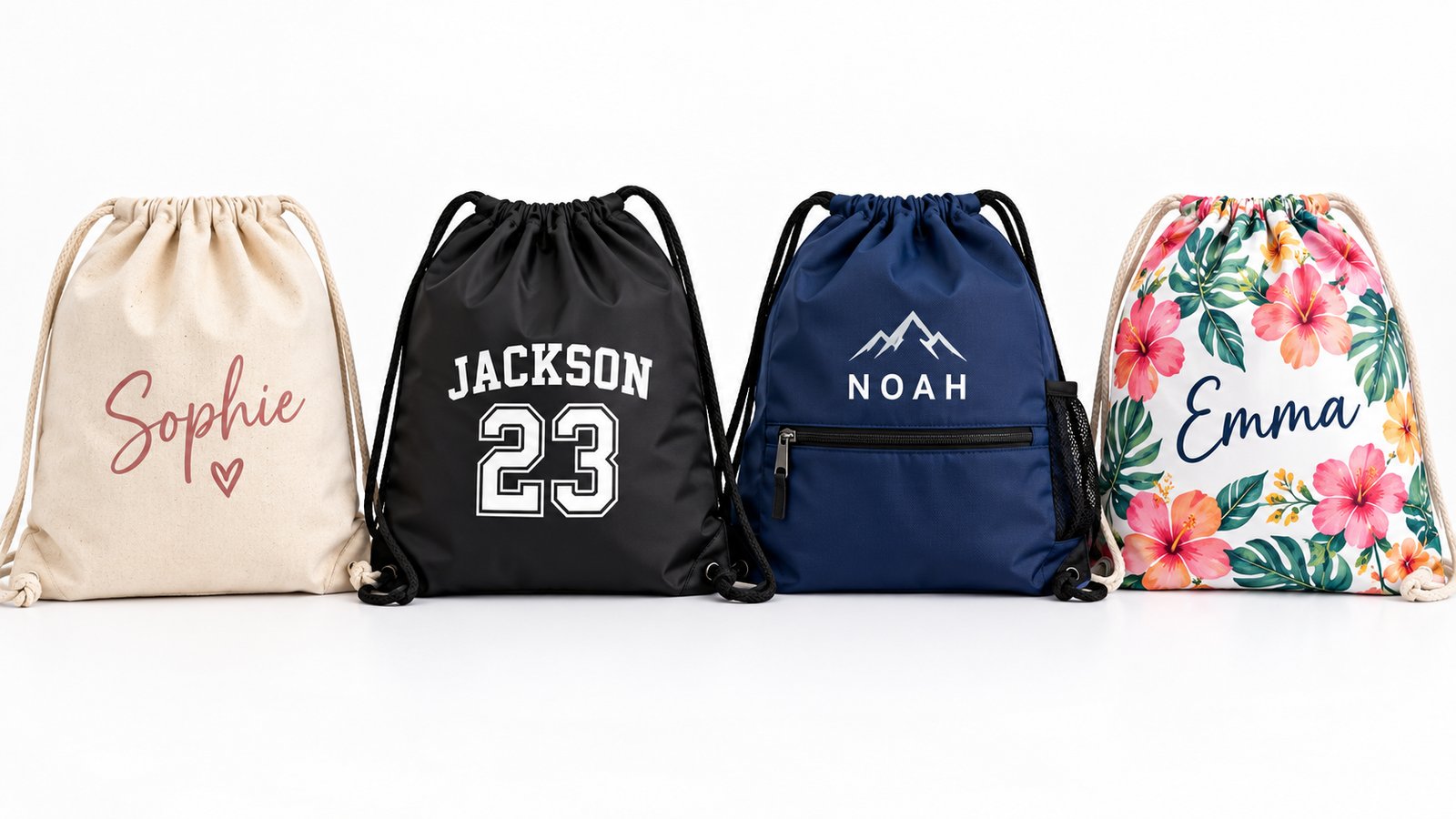 Cotton, nylon, polyester and all-over print drawstring bags side by side