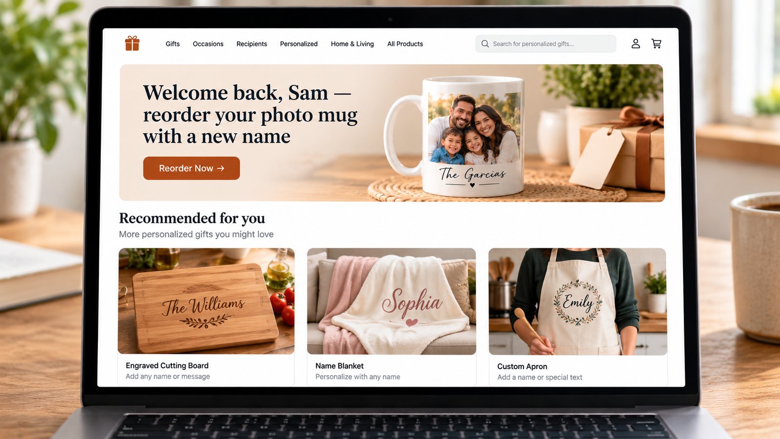 A gift store homepage with a personalized banner for a returning customer and recommended personalized products