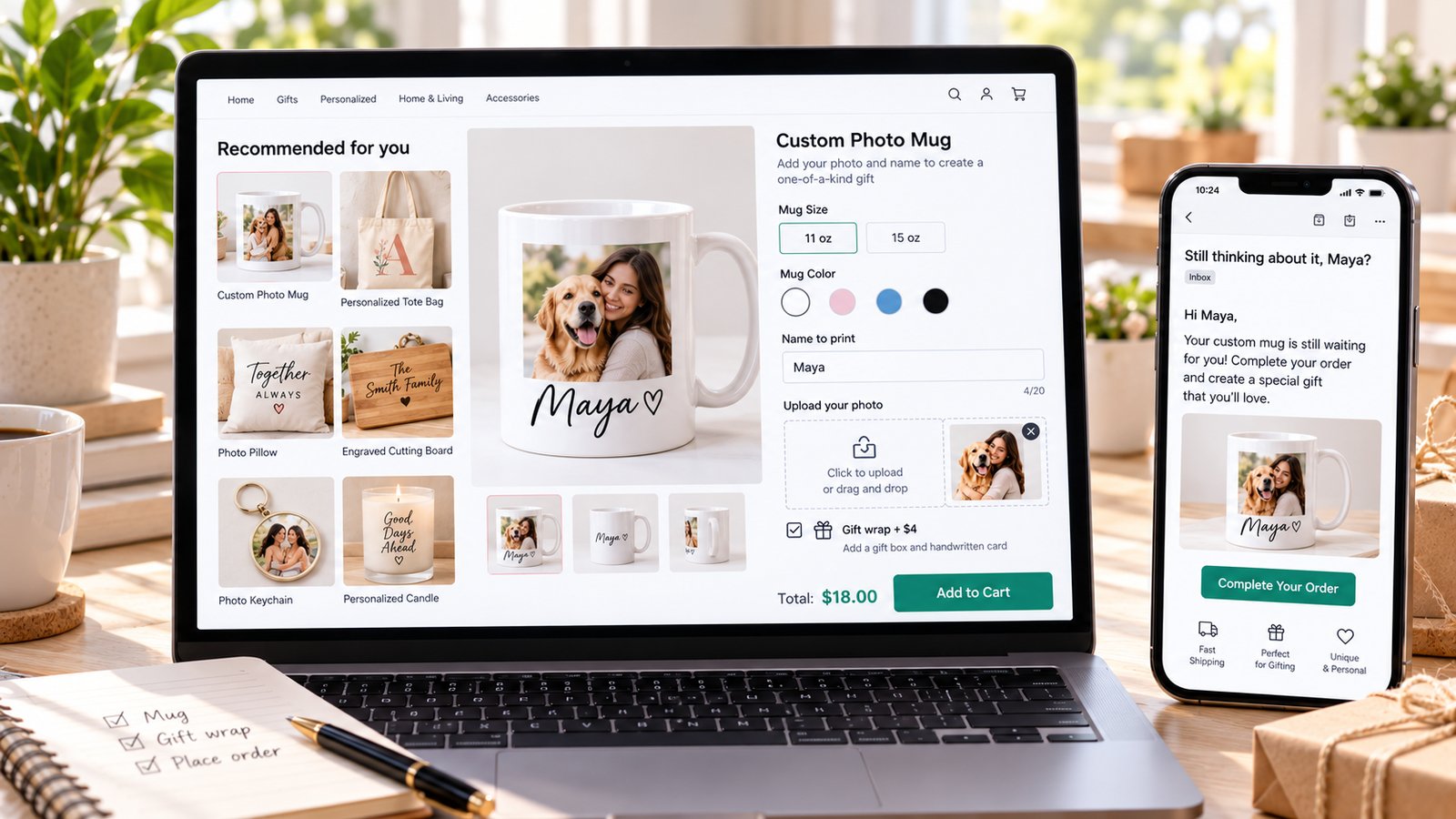 An online store on a laptop showing personalized product recommendations next to a product page where a shopper adds a name and photo to a mug with a live preview