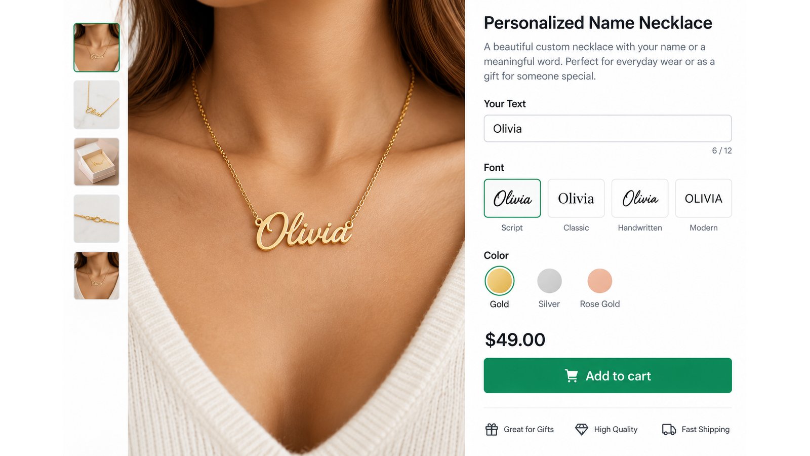 A product page where a shopper personalizes a necklace with a name and font choice and sees a live preview before adding it to the cart