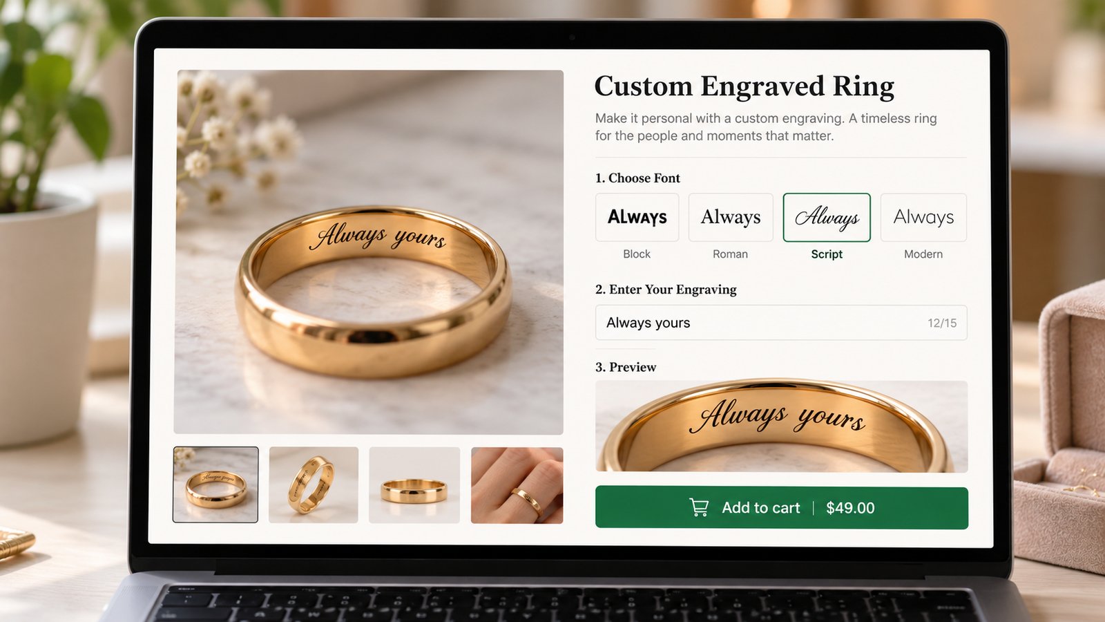 A Shopify product page for an engraved ring with four font swatches, a text field with a character counter and a live preview of the engraving