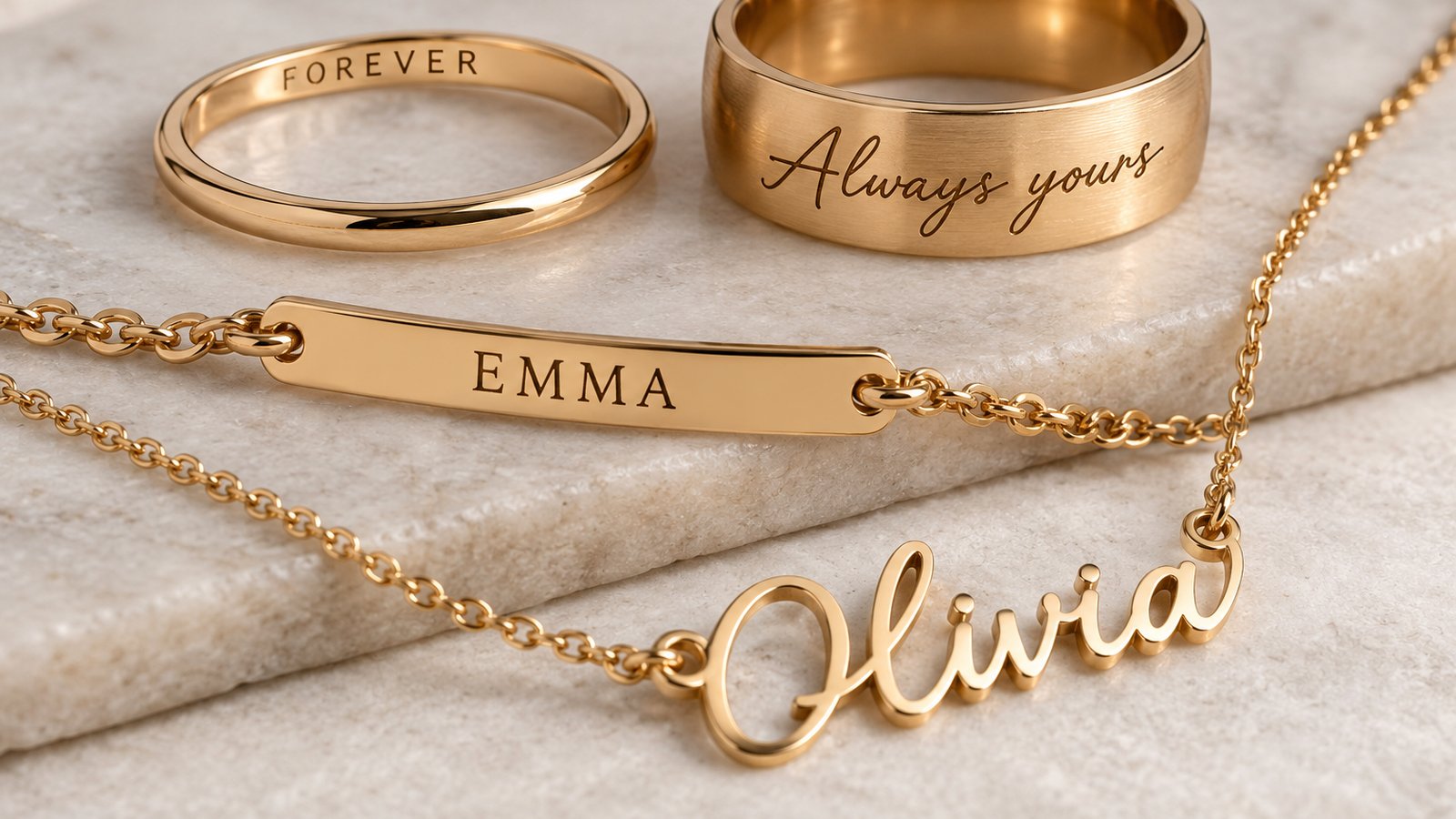 Personalized jewelry engraved in different fonts: a thin ring with block capitals, a wide band with script, a gold script name necklace and a bar bracelet