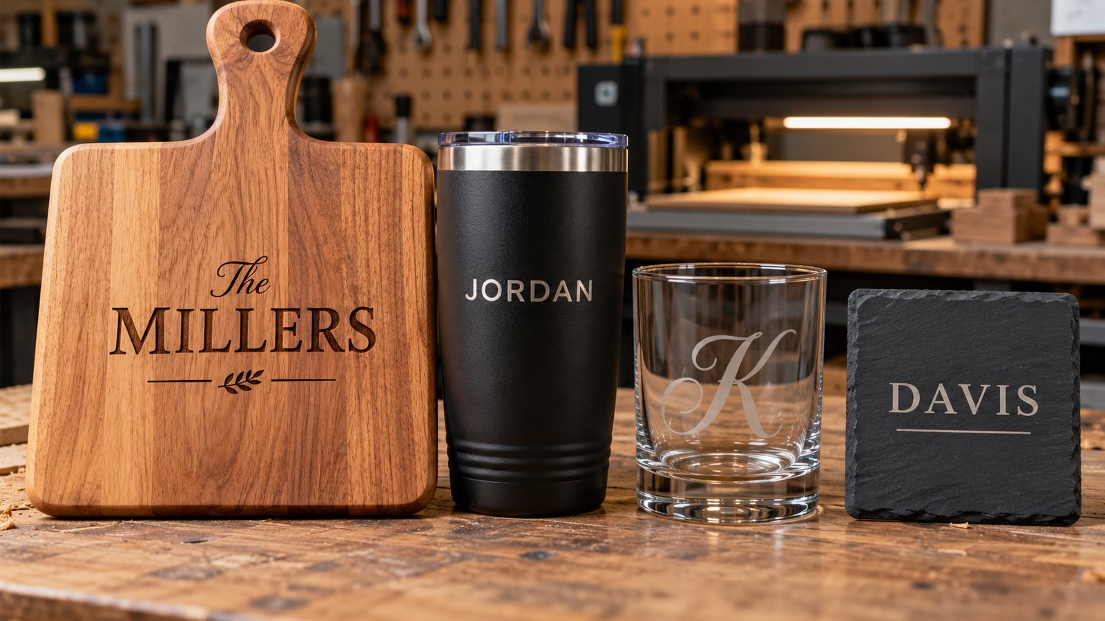 An engraved wooden cutting board with a serif family name, a black tumbler with a sans-serif name, a glass with a script monogram and a slate coaster with serif capitals